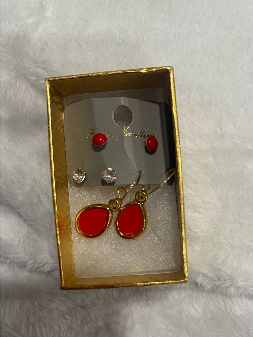Fashion Jewelry Gold-Trim Red Teardrop Earring Set